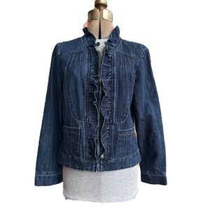 Vintage Jean Jacket Ruffle Collar Pintuck Peplum Boho Chic Zip Front Pockets